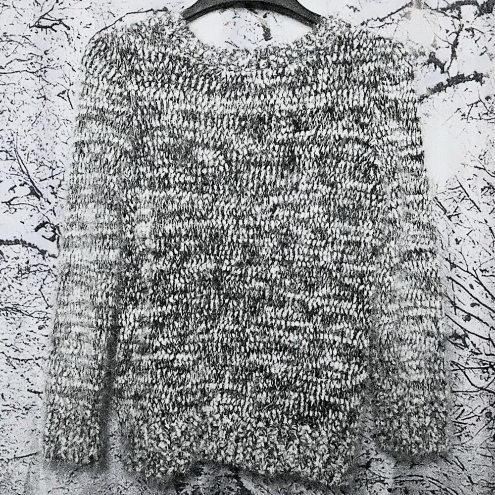 BLACK WHITE BOUCLE SWEATER L Almost Famous Vegan Spring Fall Goth Office Long - Picture 2 of 6